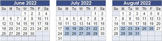 Test Region Calendar dates for June 2022, July 2022 and August 2022. The available testing dates are: July 18th to July 22nd, July 25th to July 29th, August 22nd to August 26th and August 29th to August 31st. For more details, please email: cdscustomersupport@tmx.com